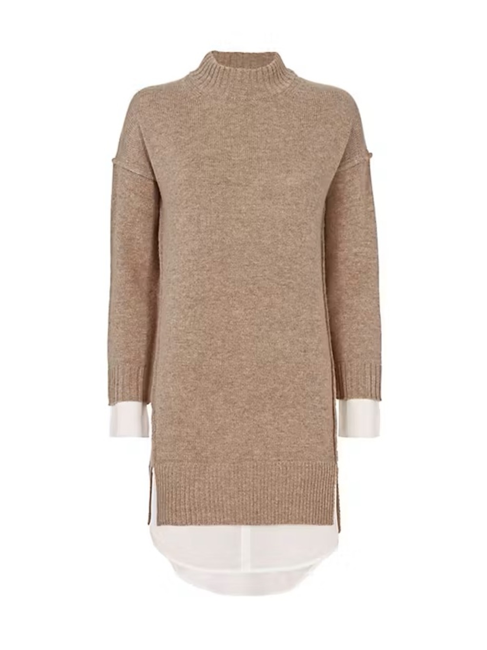 BROCHU WALKER CASHMERE WOOL SILK Tan Beige Taupe White Tunic Sweater Dress Small